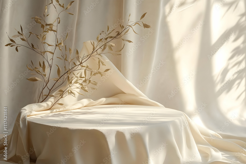 Beige Draped Fabric Product Display Beige Draped Fabric Product Display