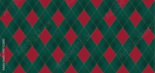 Argyle vector pattern. Dark red green  with thin slim golden dotted line. Seamless vivid geometric background for fabric, textile clothing, wrapping paper. Backdrop Little Gentleman party invite card