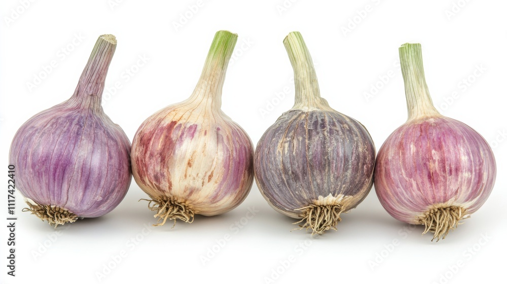 Fototapeta premium Four isolated garlic cloves on a pure white background, natural food photography concept.