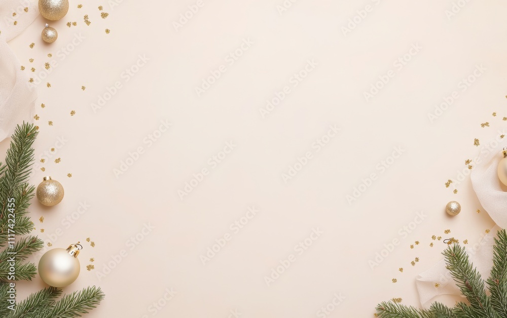 A festive Christmas background featuring fir branches adorned with gold baubles and shimmering gold confetti, evoking a warm holiday spirit. A festive Christmas background featuring fir branches adorned with gold baubles and shimmering gold confetti, evoking a warm holiday spirit.