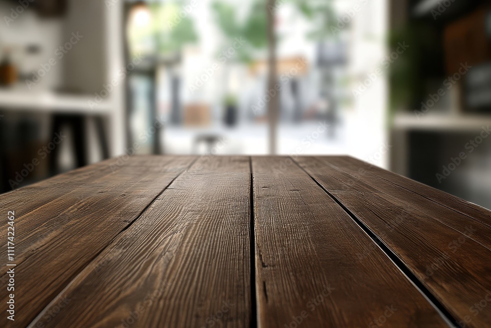 A close-up view of a wooden table with a blurred background of a caf? setting. A close-up view of a wooden table with a blurred background of a caf? setting.