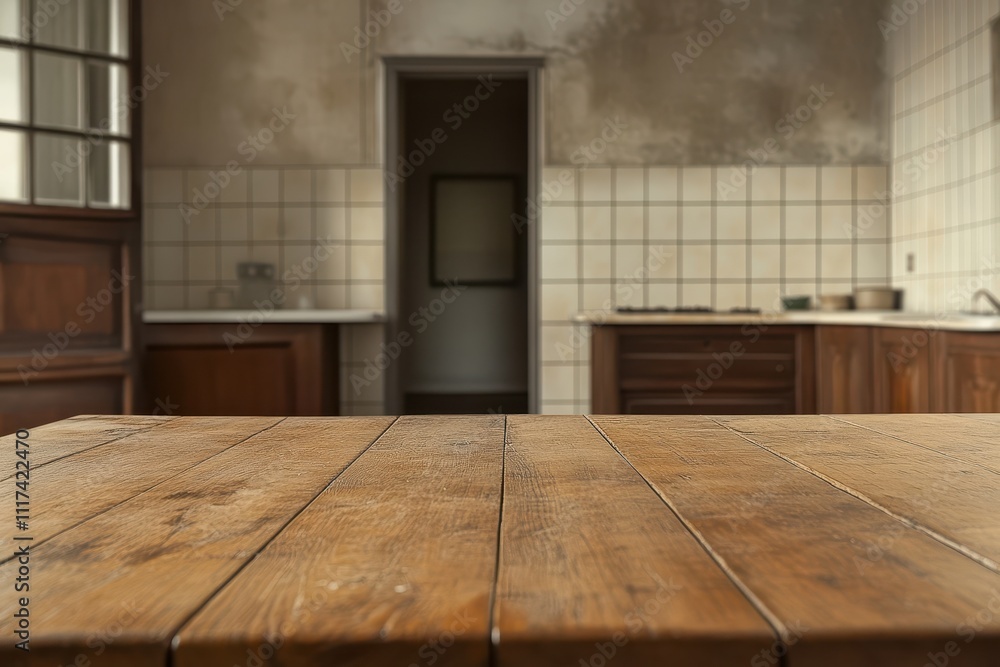 A rustic kitchen interior with a wooden table and tiled walls, creating a warm atmosphere. A rustic kitchen interior with a wooden table and tiled walls, creating a warm atmosphere.