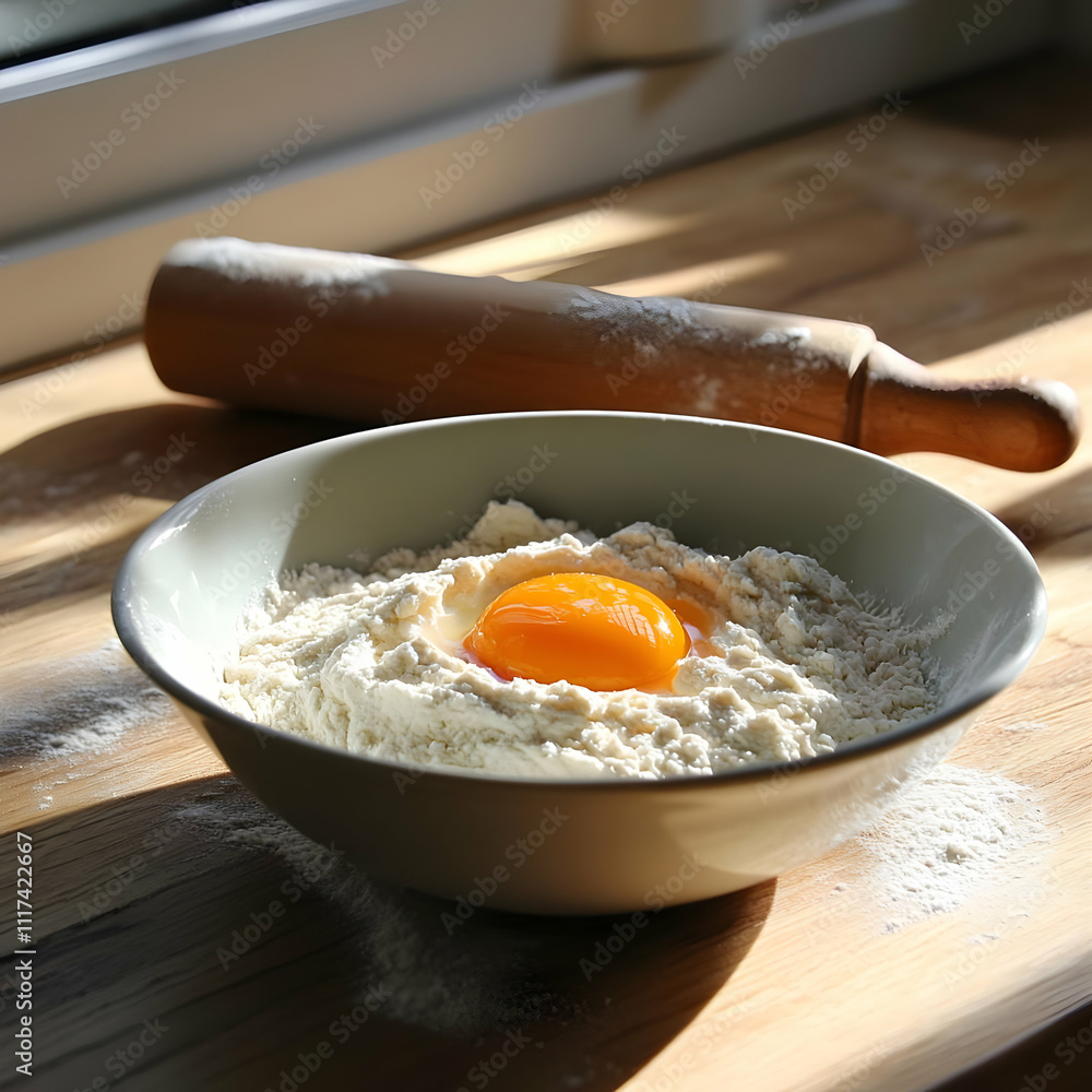 Sunlit Dough Bowl with Egg Yolk - Realistic Food Photo Sunlit Dough Bowl with Egg Yolk - Realistic Food Photo