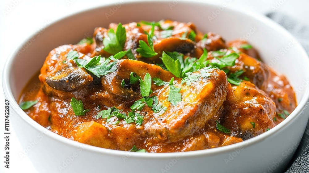 Beef stroganoff in a deep white bowl, showcasing the rich and creamy sauce, sautéed mushrooms, and perfectly cooked beef strips. Beef stroganoff in a deep white bowl, showcasing the rich and creamy sauce, sautéed mushrooms, and perfectly cooked beef strips.