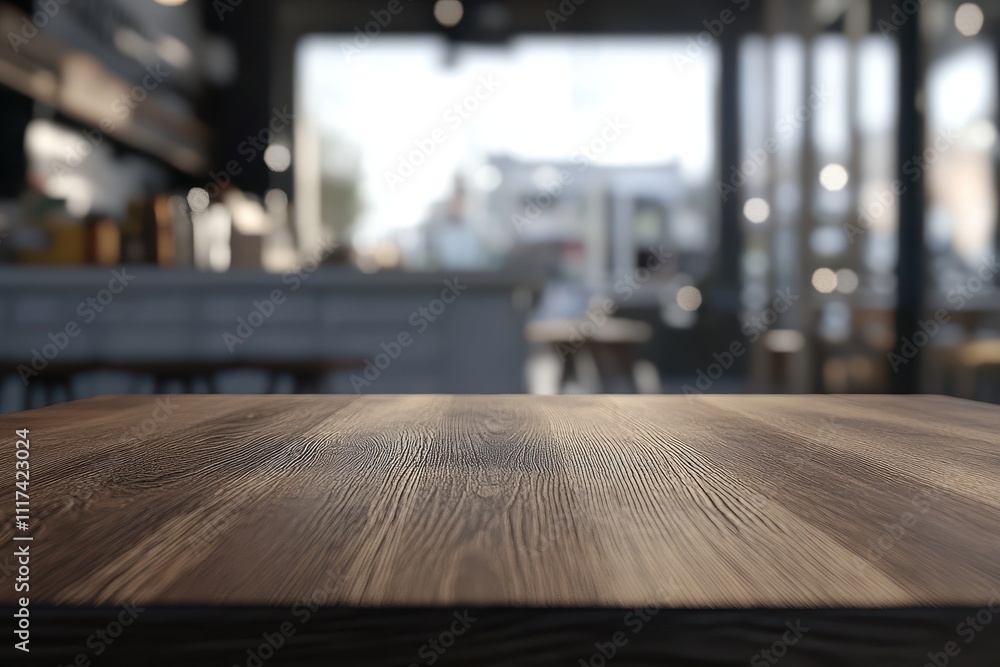 A wooden table in a caf? setting, with a blurred background of a cozy interior. A wooden table in a caf? setting, with a blurred background of a cozy interior.