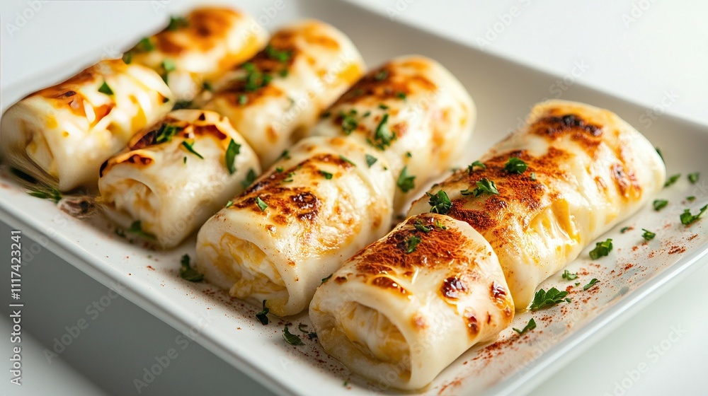 Close-up of cheese blini rolled up and filled with melted cheese, arranged neatly on a modern platter. Close-up of cheese blini rolled up and filled with melted cheese, arranged neatly on a modern platter.