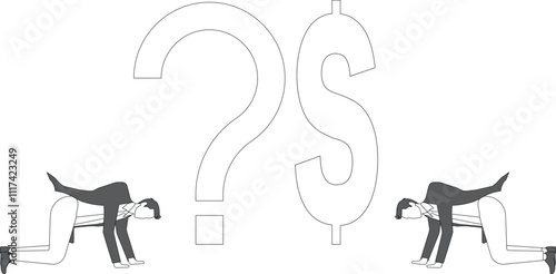 Money problems, financial or debt problems, how to make money, how to find business opportunities, tired and desperate businessmen leaning next to question marks and dollar signs