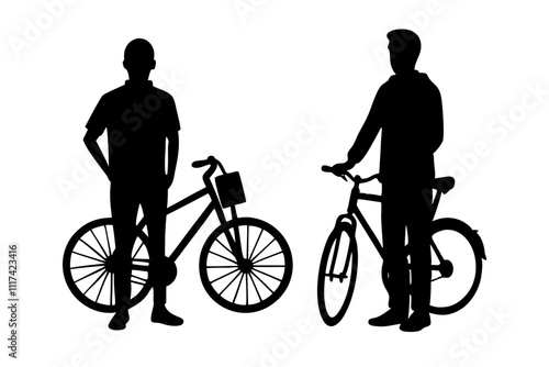 Men with bicycle standing silhouette.