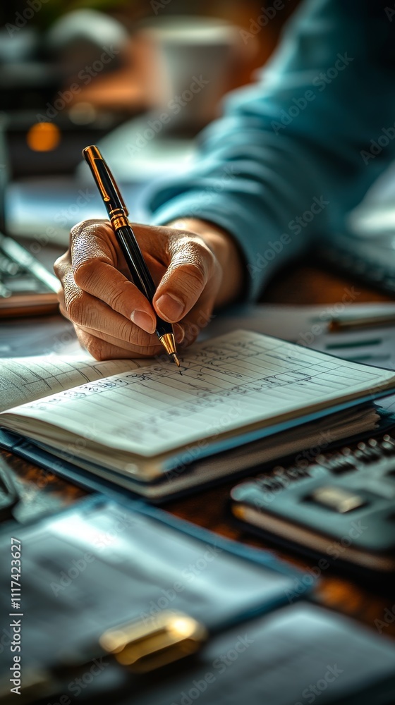 A hand writing notes in a journal with a gold-tipped pen on a cluttered desk, creating a reflective atmosphere. A hand writing notes in a journal with a gold-tipped pen on a cluttered desk, creating a reflective atmosphere.