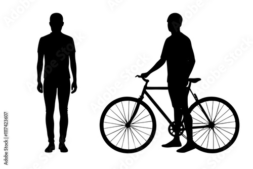 Men with bicycle standing silhouette.