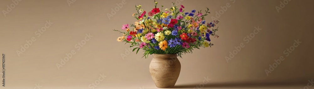 A vibrant bouquet of assorted flowers in a simple vase against a neutral background. A vibrant bouquet of assorted flowers in a simple vase against a neutral background.