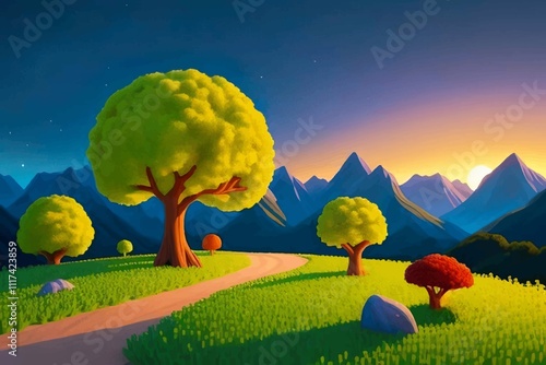 Beautiful and Peaceful Nature Scenery Illustration Landscape Countryside Tranquil Vibrant and Colorful