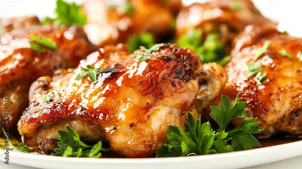 Close-up of juicy baked chicken thighs, perfectly crisped, served in a cast-iron skillet with a glaze of honey and garlic sauce. Close-up of juicy baked chicken thighs, perfectly crisped, served in a cast-iron skillet with a glaze of honey and garlic sauce.
