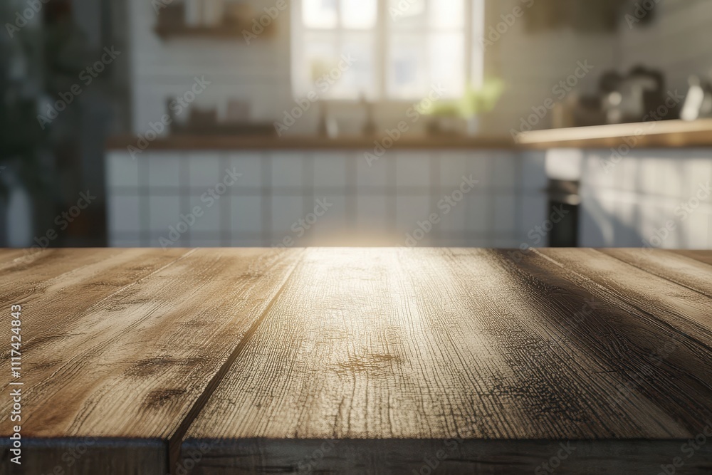 A warm, sunlit kitchen scene with a wooden table in the foreground. A warm, sunlit kitchen scene with a wooden table in the foreground.