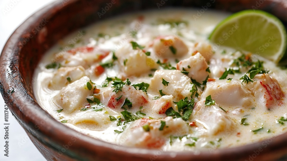 Close-up of moqueca, showcasing the creamy coconut broth and tender pieces of seafood. Close-up of moqueca, showcasing the creamy coconut broth and tender pieces of seafood.