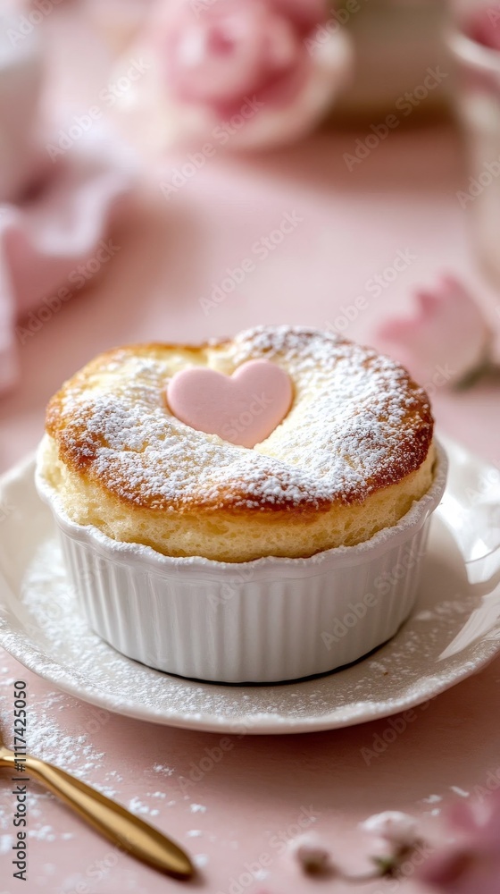Delicate souffl? topped with a pink heart, dusted with powdered sugar, set in an elegant white ramekin on a pink backdrop. Delicate souffl? topped with a pink heart, dusted with powdered sugar, set in an elegant white ramekin on a pink backdrop.