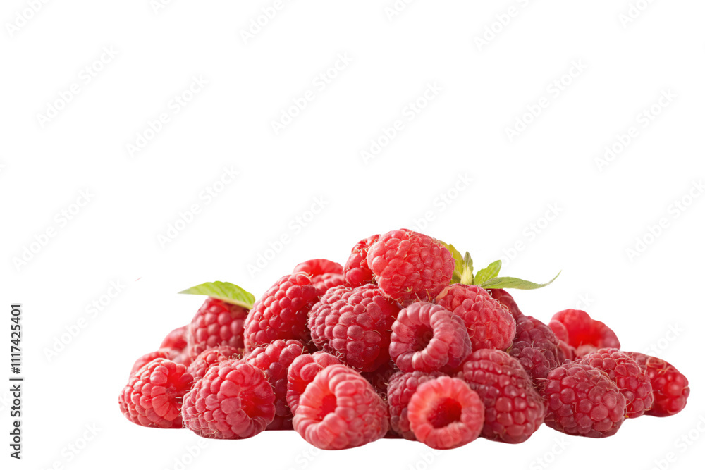 A delightful mound of raspberries adorned with fresh green leaves, symbolizing freshness and vibrancy. Perfectly ripe and inviting, they radiate natural appeal, isolated on a transparent background A delightful mound of raspberries adorned with fresh green leaves, symbolizing freshness and vibrancy. Perfectly ripe and inviting, they radiate natural appeal, isolated on a transparent background