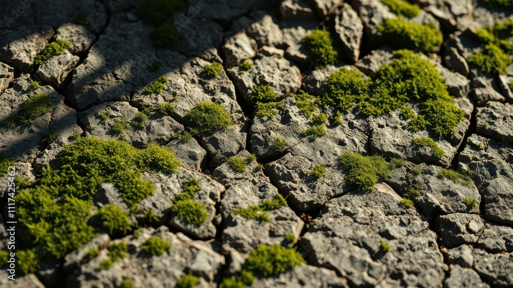 A close-up of a cracked, weathered surface, with patches of green moss growing in the crevices, creating a stark contrast between the rough texture and the delicate foliage. A close-up of a cracked, weathered surface, with patches of green moss growing in the crevices, creating a stark contrast between the rough texture and the delicate foliage.