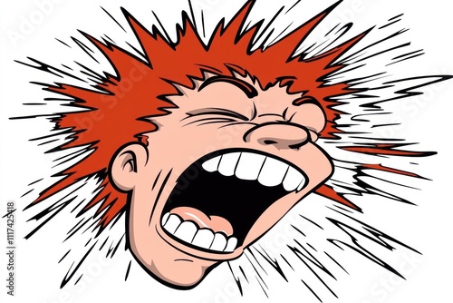 A cartoonish character with spiky red hair screaming, conveying intense emotion.