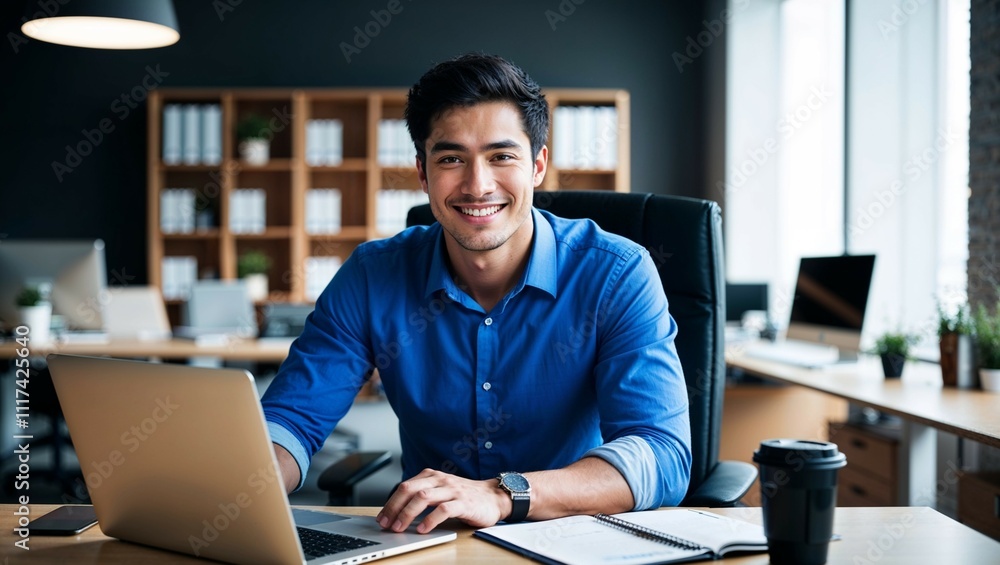 A smiling businessman works on a laptop at his desk, focused on his businesss-Generated AI A smiling businessman works on a laptop at his desk, focused on his businesss-Generated AI