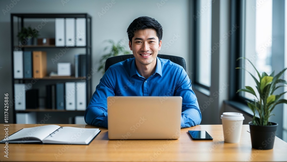 A handsome businessman, smiling, works on his laptop at his home office desk A handsome businessman, smiling, works on his laptop at his home office desk
