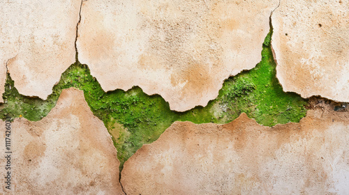 Close Up Shot of Decayed Wall with Patches of Green Moss and Cracked Surface photo