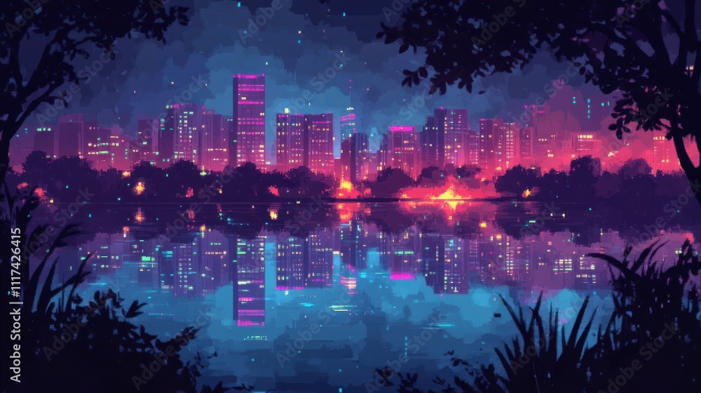 Fototapeta premium Reflection of Skyscrapers on Calm Lake at Night