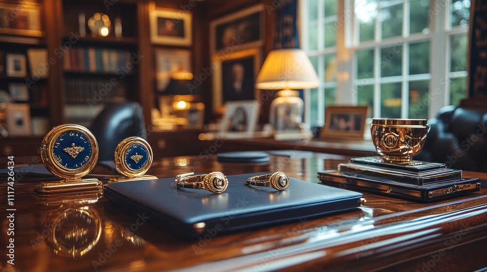 Luxurious home office desk with gold rings, clock, and trophy. Luxurious home office desk with gold rings, clock, and trophy.