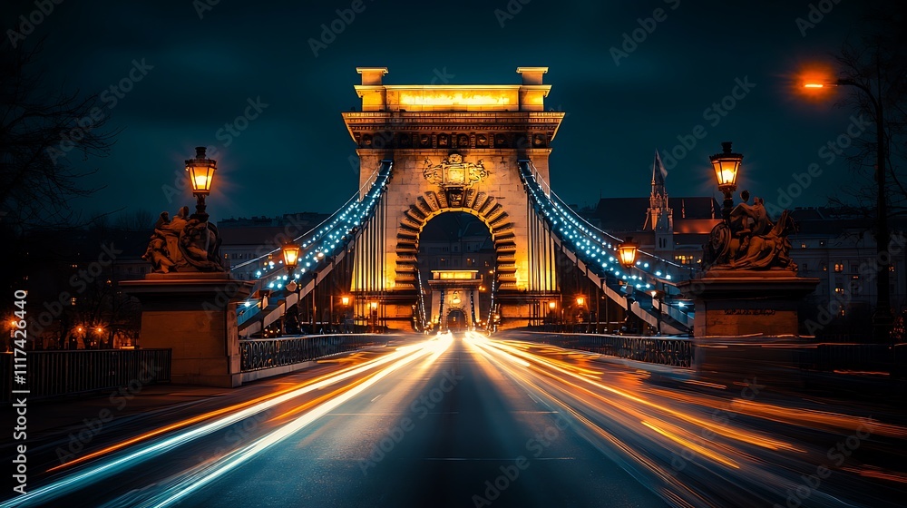 Obraz premium Night view of a majestic illuminated bridge with light trails from vehicles.