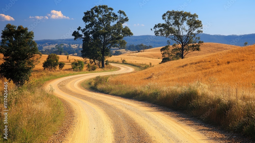 Winding dirt road through golden fields, under a clear blue sky; two trees stand sentinel. Perfect for travel, adventure, and rural themes; evokes freedom and journey concepts. Winding dirt road through golden fields, under a clear blue sky; two trees stand sentinel. Perfect for travel, adventure, and rural themes; evokes freedom and journey concepts.