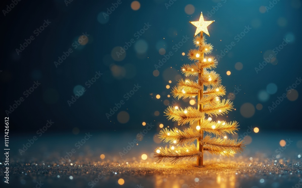 A glowing Christmas tree stands out against a background, surrounded by sparkling lights. A glowing Christmas tree stands out against a background, surrounded by sparkling lights.