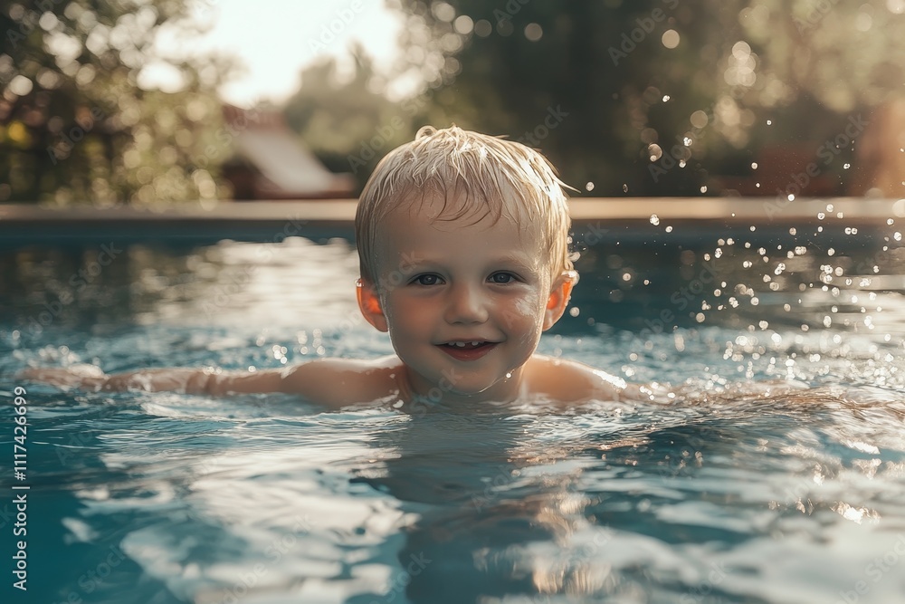 Joyful young child swimming in a sunlit outdoor pool, creating playful water splashes around, embodying summer fun and happiness. Joyful young child swimming in a sunlit outdoor pool, creating playful water splashes around, embodying summer fun and happiness.