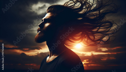 Wallpaper Mural Silhouette of a man with long, flowing hair blowing in the wind, set against a dramatic sunset for an artistic and dynamic effect. Torontodigital.ca
