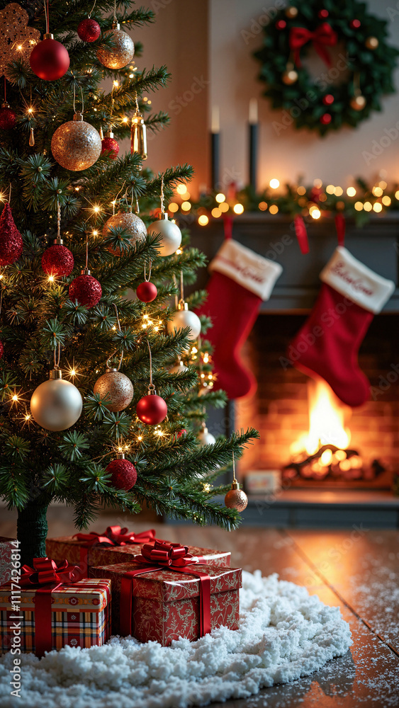 Festive Christmas Tree in Cozy Living Room: Perfect for Holiday Ads, Greeting Cards, and Seasonal Promotions Festive Christmas Tree in Cozy Living Room: Perfect for Holiday Ads, Greeting Cards, and Seasonal Promotions