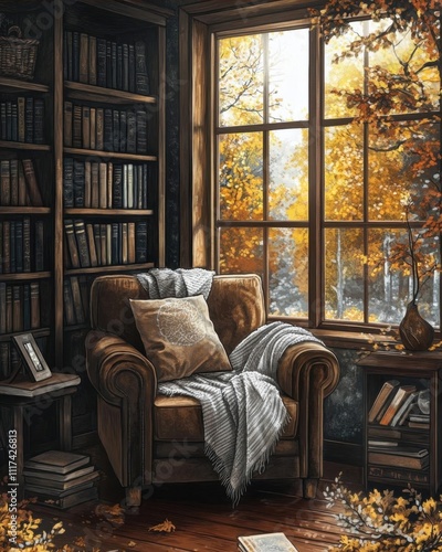 Cozy reading nook with a view of autumn leaves through a window.