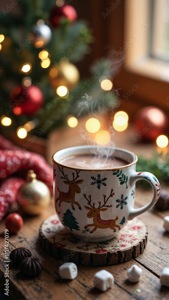 Cozy Holiday Scene: Festive Hot Cocoa on Rustic Desk with Christmas Decor - Perfect for Seasonal Marketing Cozy Holiday Scene: Festive Hot Cocoa on Rustic Desk with Christmas Decor - Perfect for Seasonal Marketing