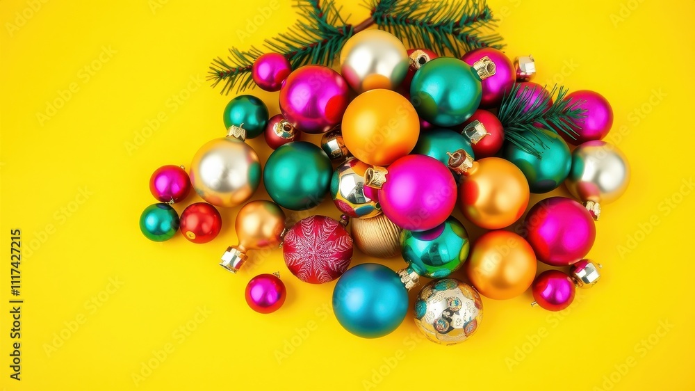 A vibrant collection of Christmas ornaments in a festive display on a bright yellow background