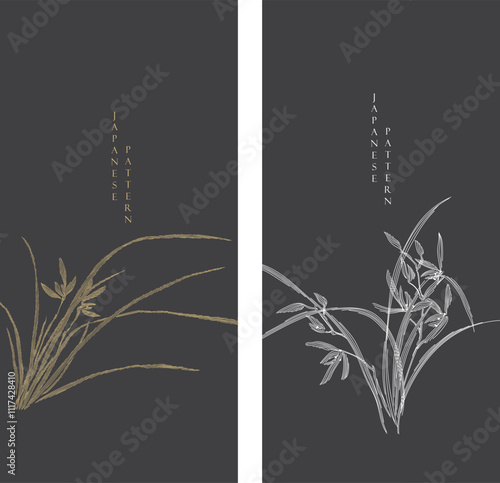 Hand drawn branch of orchid flower element with Orchid flower card designwith line pattern. Japanese pattern vector. Oriental decoration with logo design, flyer or presentation in vintage style. photo