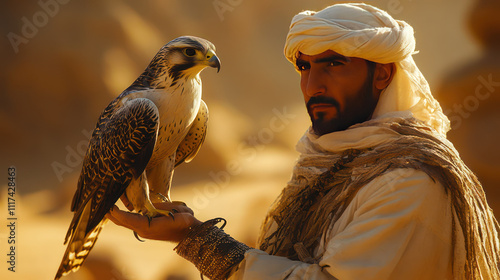 Arabian Falconer’s Bond with Noble Bird. Desert Heritage and Hunting Tradition.. photo