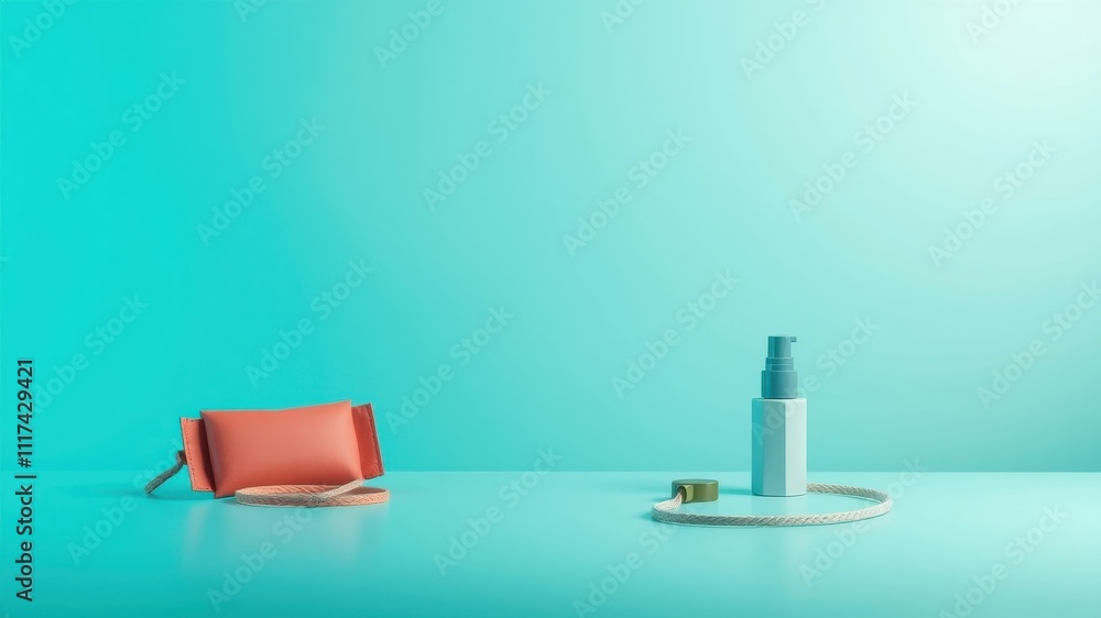 Minimalist Composition Featuring a Small Leather Pouch, a Dispenser Bottle, and a Rope Circle on a Blue Background Minimalist Composition Featuring a Small Leather Pouch, a Dispenser Bottle, and a Rope Circle on a Blue Background