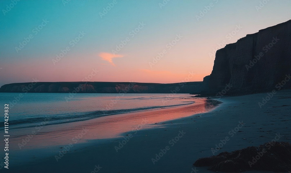 Serene beach scene at dusk with cliffs and calm waters. Serene beach scene at dusk with cliffs and calm waters.