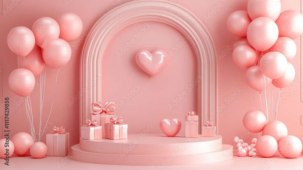 Happy Valentine's Day with symbols of hearts, balloons, and confetti. Happy Mother's Day. Happy international women's day. Gift boxes on a pink color backdrop. Greeting card. Top view, copy space area Happy Valentine's Day with symbols of hearts, balloons, and confetti. Happy Mother's Day. Happy international women's day. Gift boxes on a pink color backdrop. Greeting card. Top view, copy space area