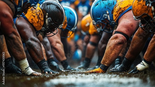Dramatic Clash at the Line of Scrimmage Football Field Action Shot Muddy Environment Low Angle Intense Competition