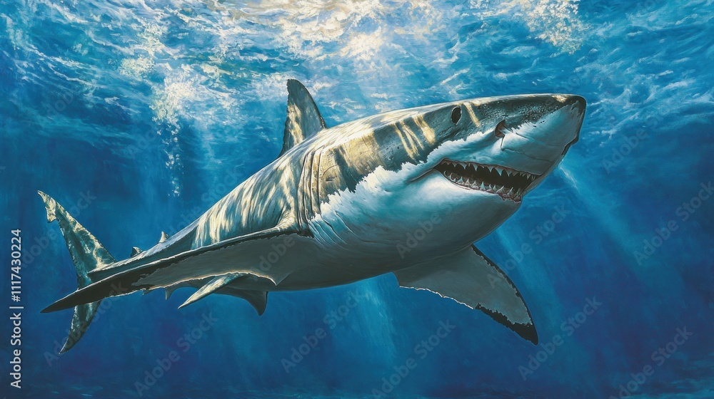Fototapeta premium Great White Shark in Sunlit Waters