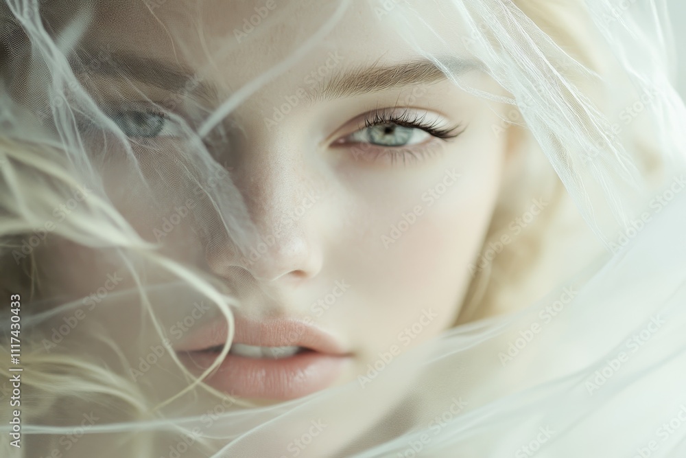 Serene portrait of a woman's face partly concealed by a delicate veil, highlighting her eyes and soft features. Serene portrait of a woman's face partly concealed by a delicate veil, highlighting her eyes and soft features.