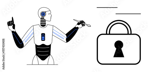Humanoid robot pointing and analyzing with a stylus next to a digital padlock. Ideal for technology, cybersecurity, AI, data protection, innovation, future tech, and digital security. Line metaphor