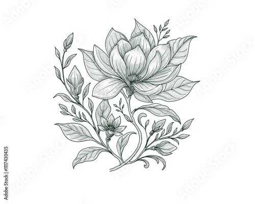 Hand drawn Magnolia Illustration, Black and white magnolia tattoo