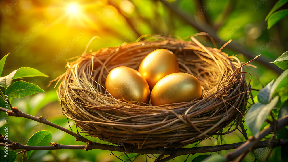 Glowing Bird's Nest with Golden Eggs. Perfect for: Spring, Easter Glowing Bird's Nest with Golden Eggs. Perfect for: Spring, Easter
