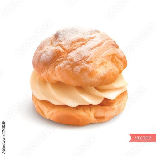 Delicious cream puffs or profiteroles isolated on a white background. 
A close up of a 3D-realistic cream puff with a top view.