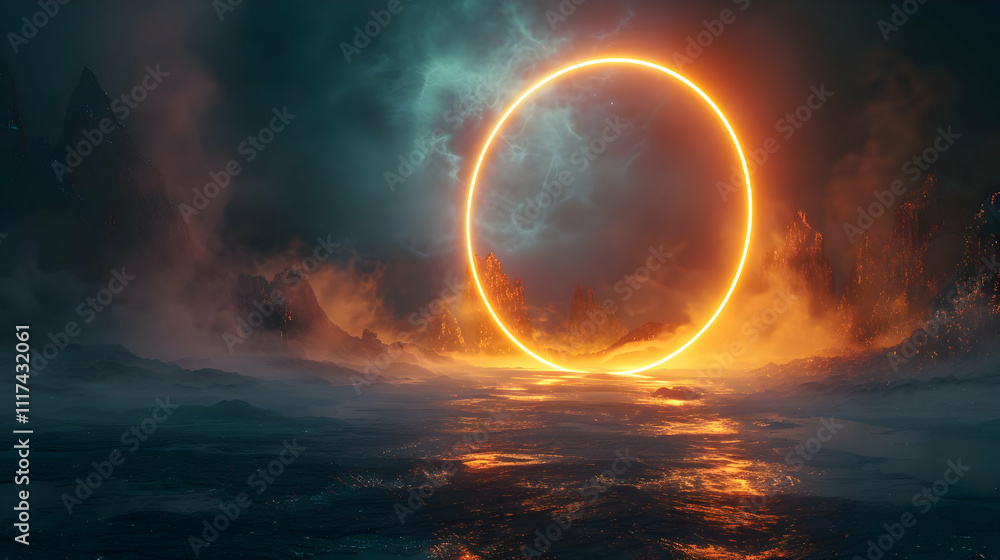 Alien Planet 3D Landscape: Glowing Ring and Misty Mountains Alien Planet 3D Landscape: Glowing Ring and Misty Mountains